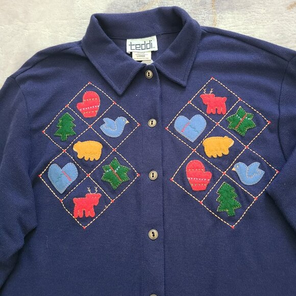 Vtg 80s Teddi Folk Art Appliqué Graphic Cardigan Women’s L Holiday Reindeer - Picture 6 of 11